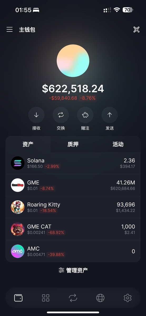 从最高点1.3M，到还剩620K。格局了。

持有！

😎 $GME <a href="/gmecoinsol/">GMEonSol 🎮</a>