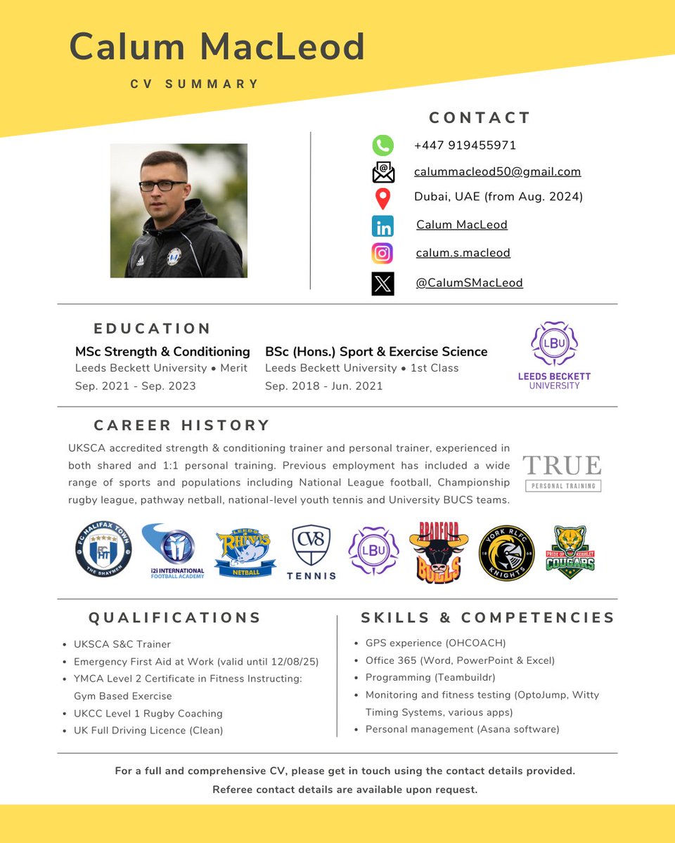 Excited to share that in early August my wife and I will be moving to Dubai, UAE. I’m now seeking work within the field of S&amp;C coaching.  

If you can help directly or know someone who might be able to help, it would be much appreciated. For a full CV please get in touch!