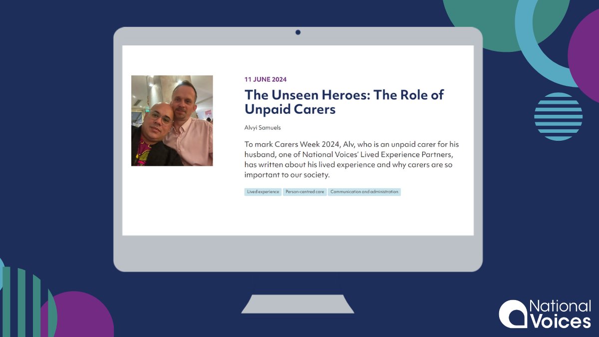 NVTweeting's tweet photo. To mark #CarersWeek2024, Alv, who is an unpaid carer for his husband, one of National Voices’ Lived Experience Partners, has written about his #LivedExperience and why carers are so important to our society.

Read the blog here👉https://t.co/HMhcFDB5a3 https://t.co/W6Y7nqjHff