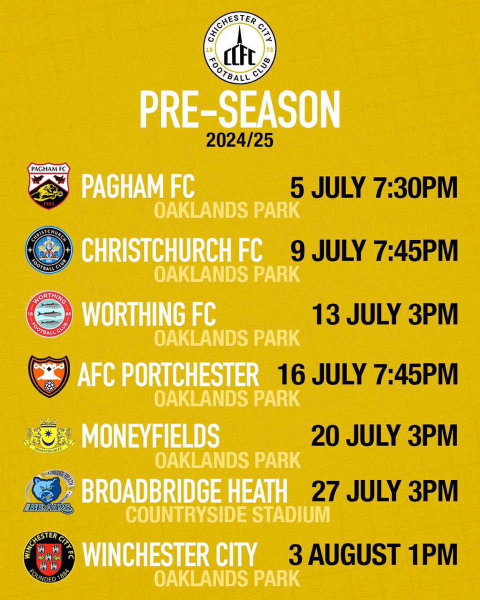 ChiCityFC's tweet image. The dates are set 📆

This is what our pre season schedule is looking like ⚽️

All but one of the games will be played at Oaklands Park, so be sure to show your support 🏡

#UpTheChi 🟡⚪️