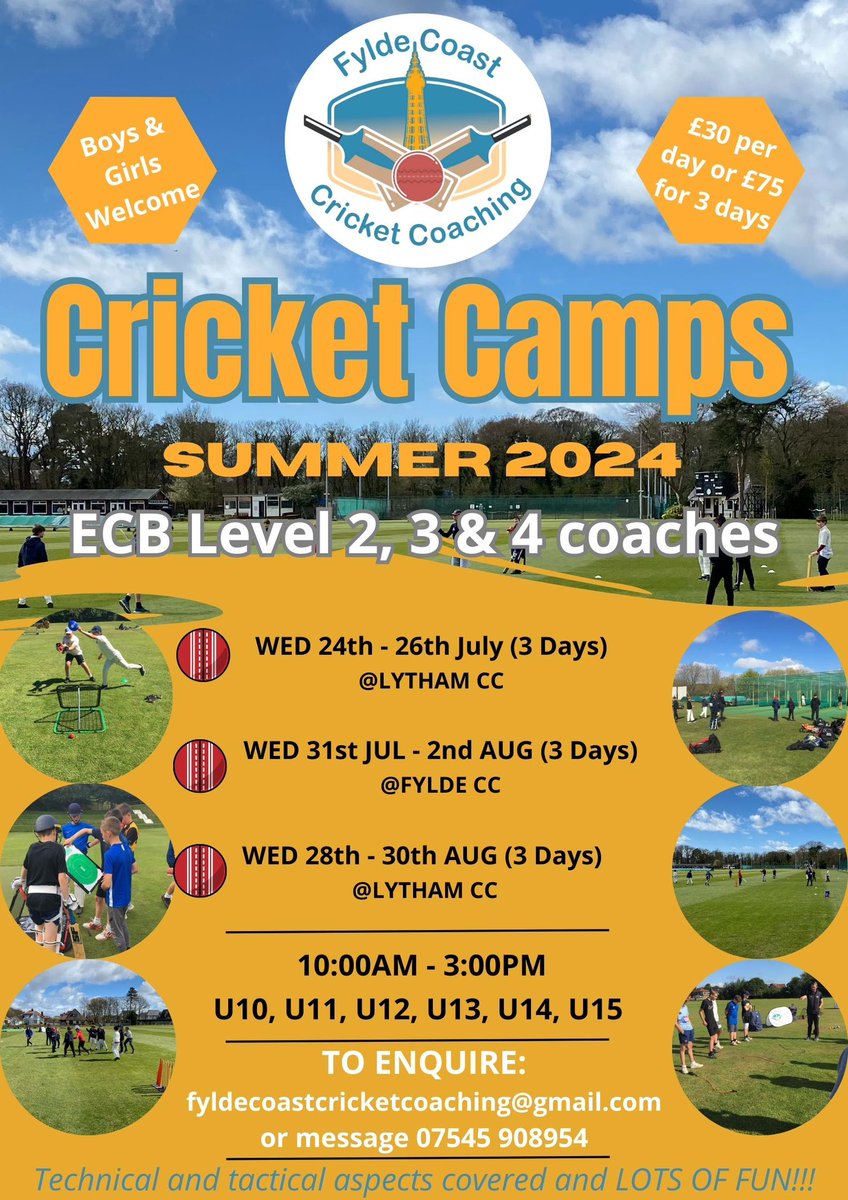 🚨☀️🏏SUMMER HOLIDAY CRICKET CAMPS🏏☀️🚨

📱Book Now!

📧fyldecoastcricketcoaching@gmail.com