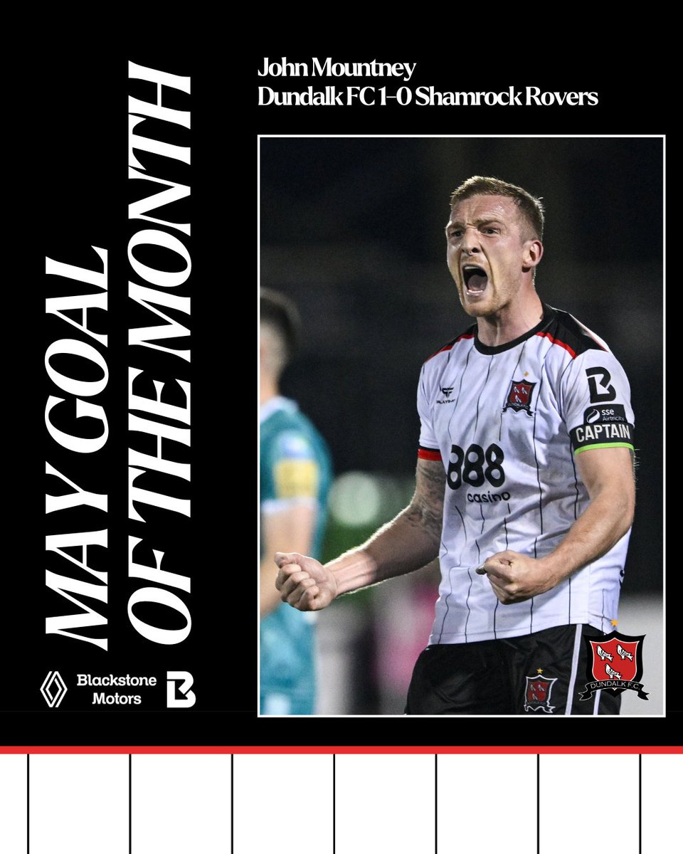 DundalkFC's tweet photo. ⚽️ Goal of the Month: May 2024

Congratulations to John Mountney, who has won the Blackstone Motors Dundalk FC Goal of the Month award for May for his last-minute winner against Shamrock Rovers at Oriel Park.

#BackedByBlackstone ||
@OfficialBSM_1 🚗