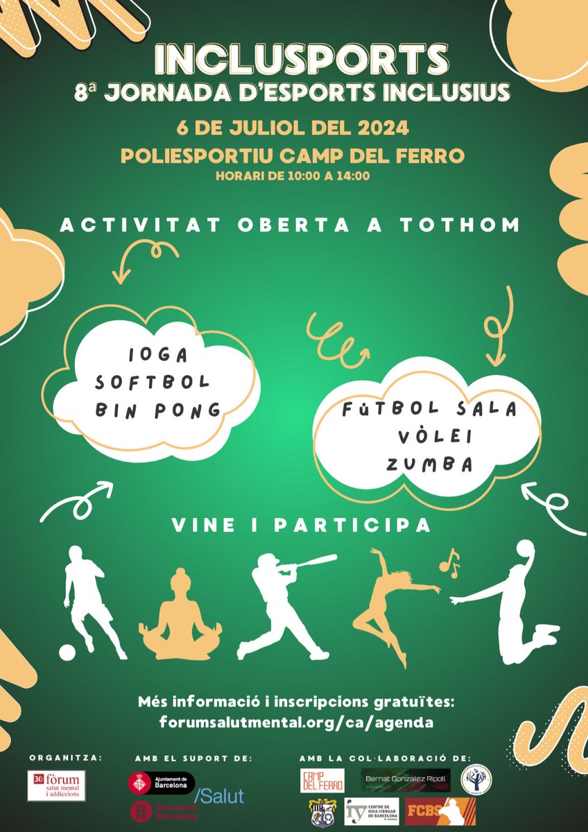 8ª Jornada d'Esports Inclusius INCLUSPORTS

El pròxim dissabte 6 de juliol 2024  us esperem al poliesportiu Camp del Ferro de Barcelona per gaudir d'un matí ple d'activitats per a tothom. L'horari serà de 10:00 a 14:00!

forumsalutmental.org/ca/agenda/2172…