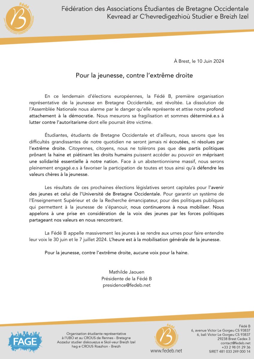 #CDP | Suite aux résultats des élections 🇪🇺 et aux dernières annonce d’<a href="/EmmanuelMacron/">Emmanuel Macron</a>, la Fédé B dénonce la montée de l’ #extrêmedroite et appelle les jeunes à voter pour exprimer leur voix les 30/06 et 07/07  prochains ❗️