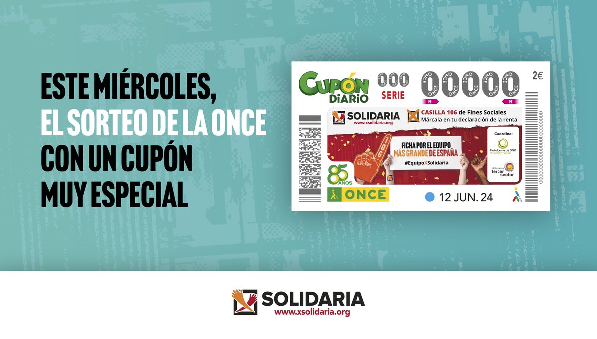 ¡Apúntate la fecha! Este miércoles 12 🗓️, se sorteará un cupón de la <a href="/once/">Yuli Yang</a>.es con un diseño muy especial. Porque será con el motivo del equipo donde todas las personas marcan, el #EquipoXSolidaria. Y tú, ¿ya has marcado la <a href="/XSolidaria/">XSolidaria</a> en tu renta? 💙
