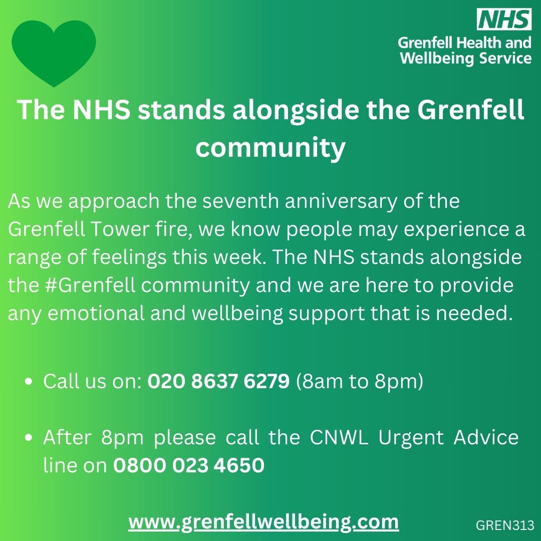 As we approach the seventh anniversary of the Grenfell Tower fire, we know people may experience a range of feelings this week.  The NHS stands alongside the #Grenfell community and we are  here to provide any emotional and wellbeing support that is needed.💚