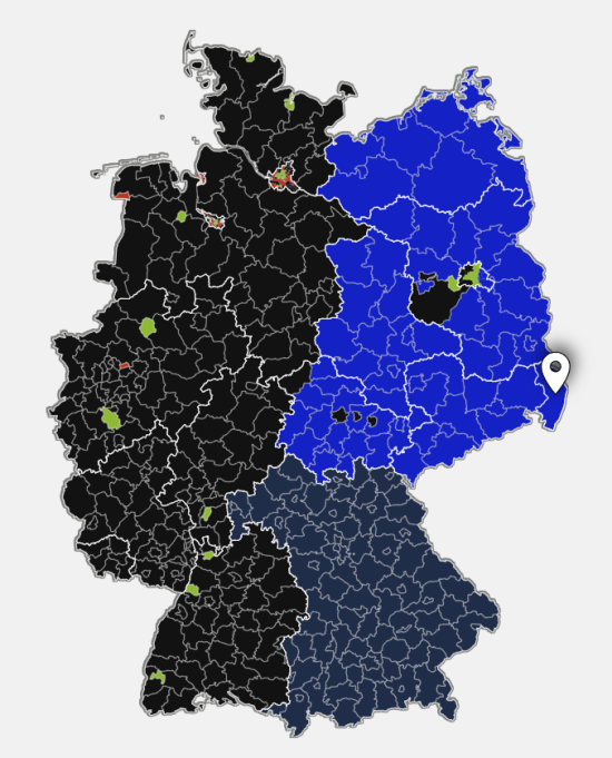 yanisvaroufakis's tweet image. Who said that Germany reunified? This is yesterday's electoral map. W. Germany black - the colour of the christian democrats. E. Germany blue - the colour of the quasi-fascist AfD. The result of 20 years of social democratic-green austerity and Die Linke's taming.