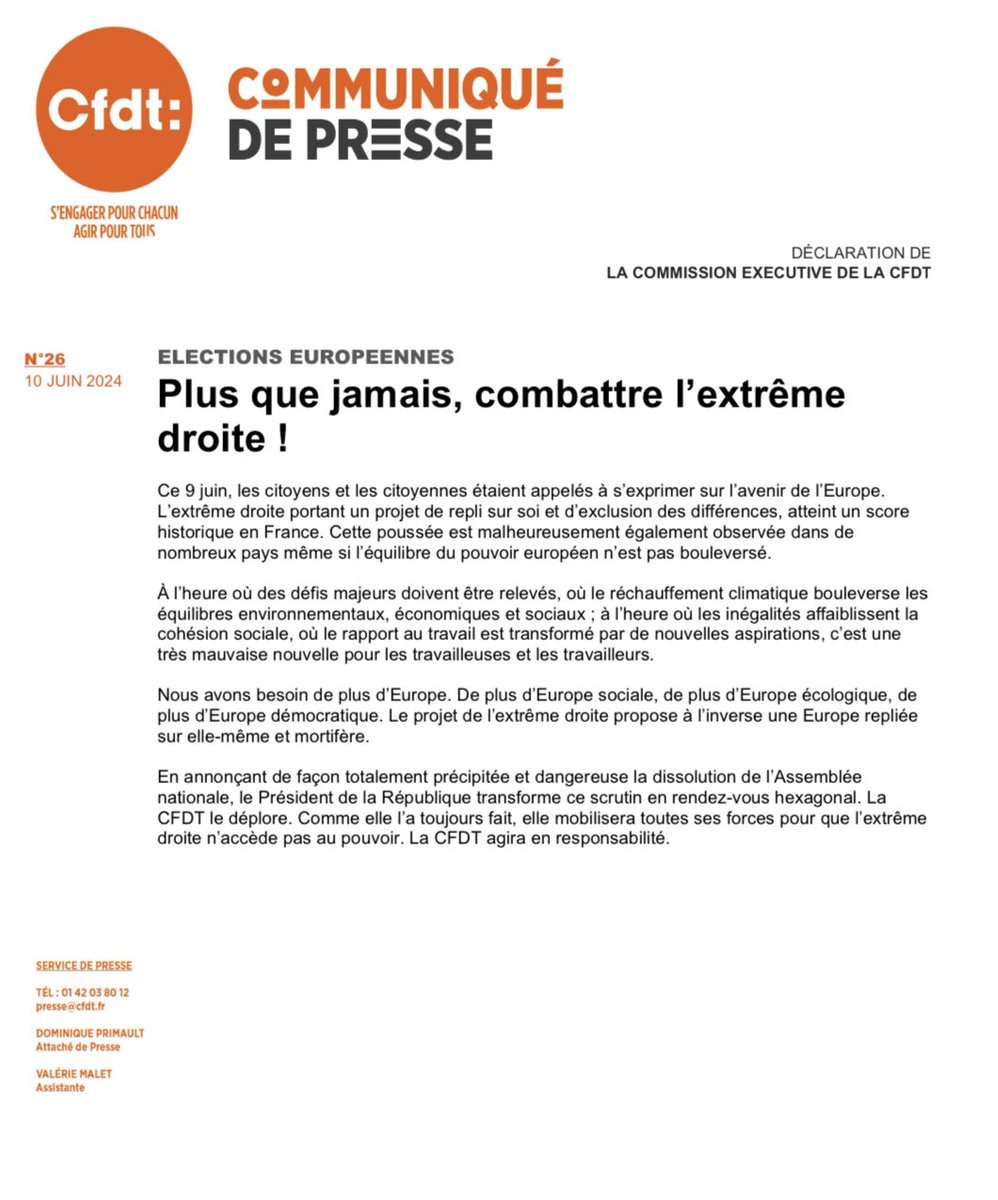 || COMMUNIQUÉ DE PRESSE || #ÉlectionsEuropéennes - plus que jamais, combattre l’extrême droite 
(…) Dissolution de l’AN, le PR transforme ce scrutin en rdv hexagonal. La CFDT mobilisera toutes ses forces pour que l’ #extremedroite n’accède pas au pouvoir.
cfdt.fr/portail/presse…
