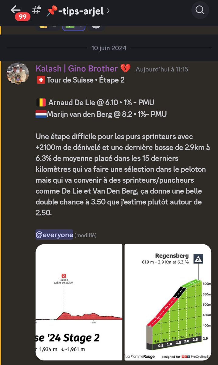 Thomas_Cycling's tweet photo. 🇨🇭Tour de Suisse • Étape 2
#TDS2024

🇧🇪Arnaud de Lie @ 6.10 • 1% - PMU
🇳🇱Marijn van Den Berg @ 8.2 • 1% - PMU

📝 Analyse sur discord via le screen.

📩 Si toi aussi tu veux avoir accès au discord gratuitement, je t'invite à m'envoyer un message en privé.
#TeamParieur https://t.co/2xwCEjffcy