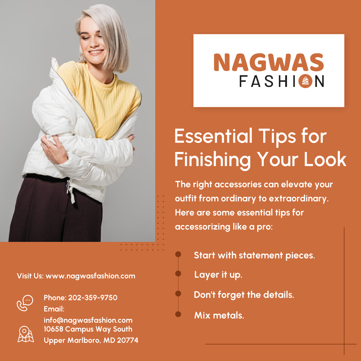 NagwasFashion23's tweet image. Accessorizing is an art form that can take your outfit to the next level! With these tips, you can learn to accessorize like a pro and create looks that are both stylish and unique. 

#UpperMarlboroMD #ECommerce #AccessorizingTips #FashionHacks #Fashion