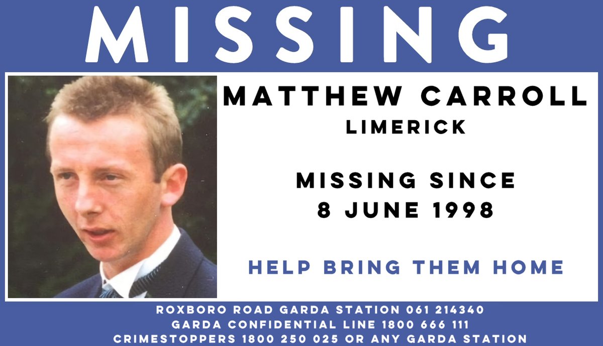 Matthew Carroll was 30 years old when he was last seen on Monday, 8 June 1998 at approx. 8pm outside the Steering Wheel Pub at Roxboro Shopping Centre, Limerick. Matthew is 5’4”, of thin build with fair/light hair and blue eyes.
#HelpBringThemHome #Missing #Limerick