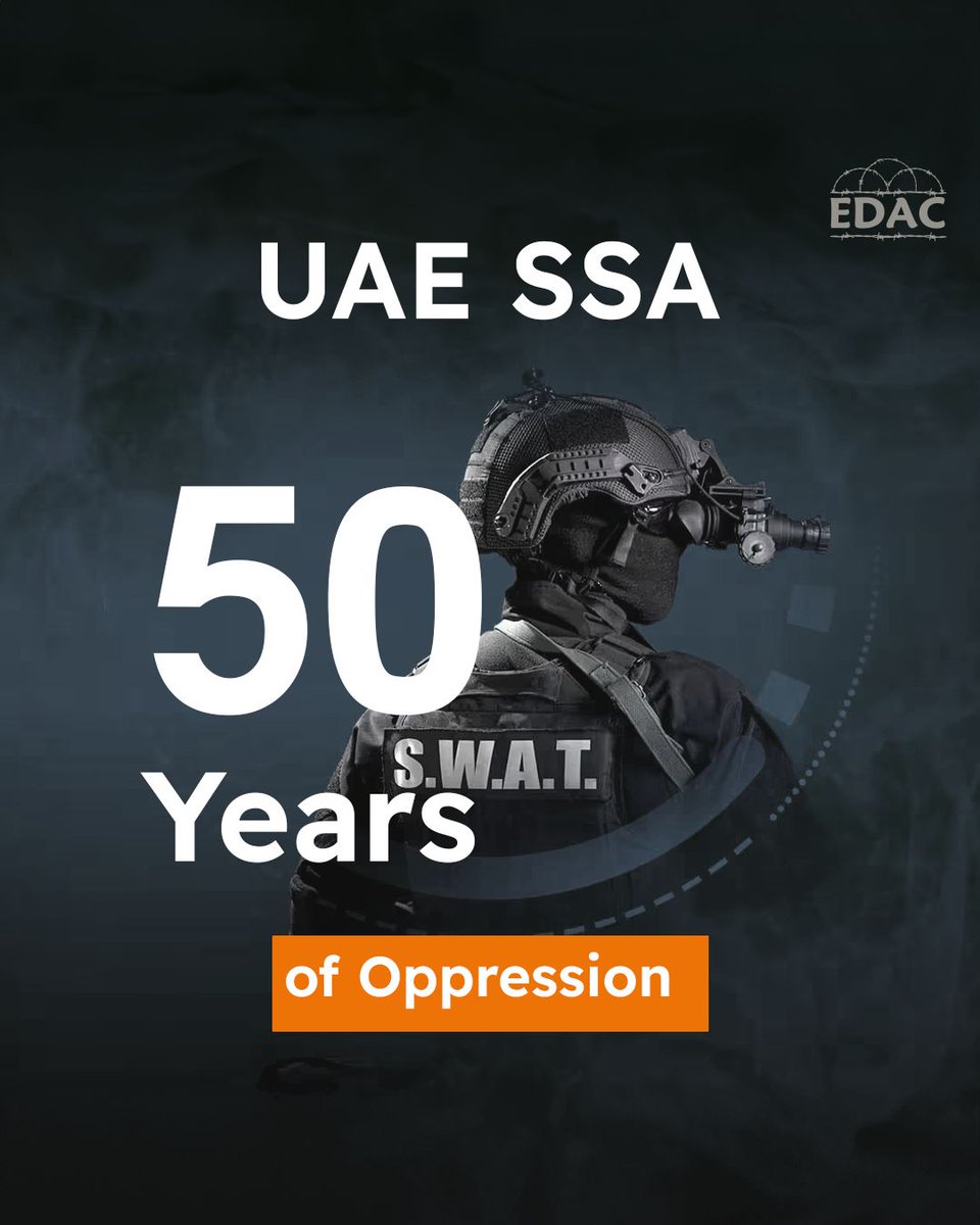 EDAC_EN's tweet image. Today marks 50 years of the UAE State Security Apparatus, notorious for suppressing freedoms and imprisoning #DetaineesOfConscience without charges since 2012, who remain behind bars to this day.