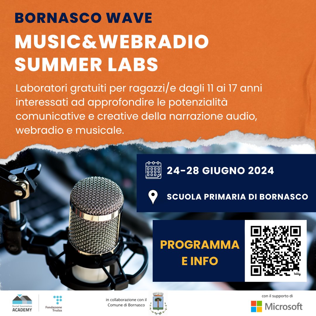 Fondazione Triulza, in collaborazione con <a href="/Microsoft/">Microsoft</a>  e il Comune di Bornasco, presenta “Bornasco Wave – Music&amp;WebRadio Summer Labs”, laboratori gratuiti per giovani dagli 11 ai 17 anni su #podcast, #webradio e #musica. Posti limitati. Scopri di più: bit.ly/3X2UIYL