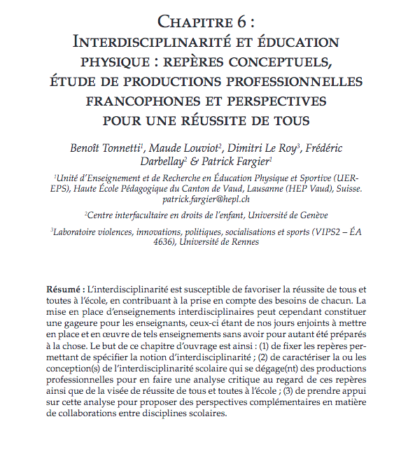 Très heureux d'avoir participé à l'écriture du chapitre 6 sur l'interdisciplinarité dans le livre de <a href="/CValrian/">Valérian Cece-Fleury</a> &amp; <a href="/VanessaLENTILL1/">Vanessa LENTILLON-KAESTNER</a>  "Les différences entre élèves en éducation physique : un regard à 360 degrés"
Merci B.Tonnetti, M.Louviot, <a href="/FDarbellay/">Frédéric Darbellay</a>, P.Fargier pour la collab!