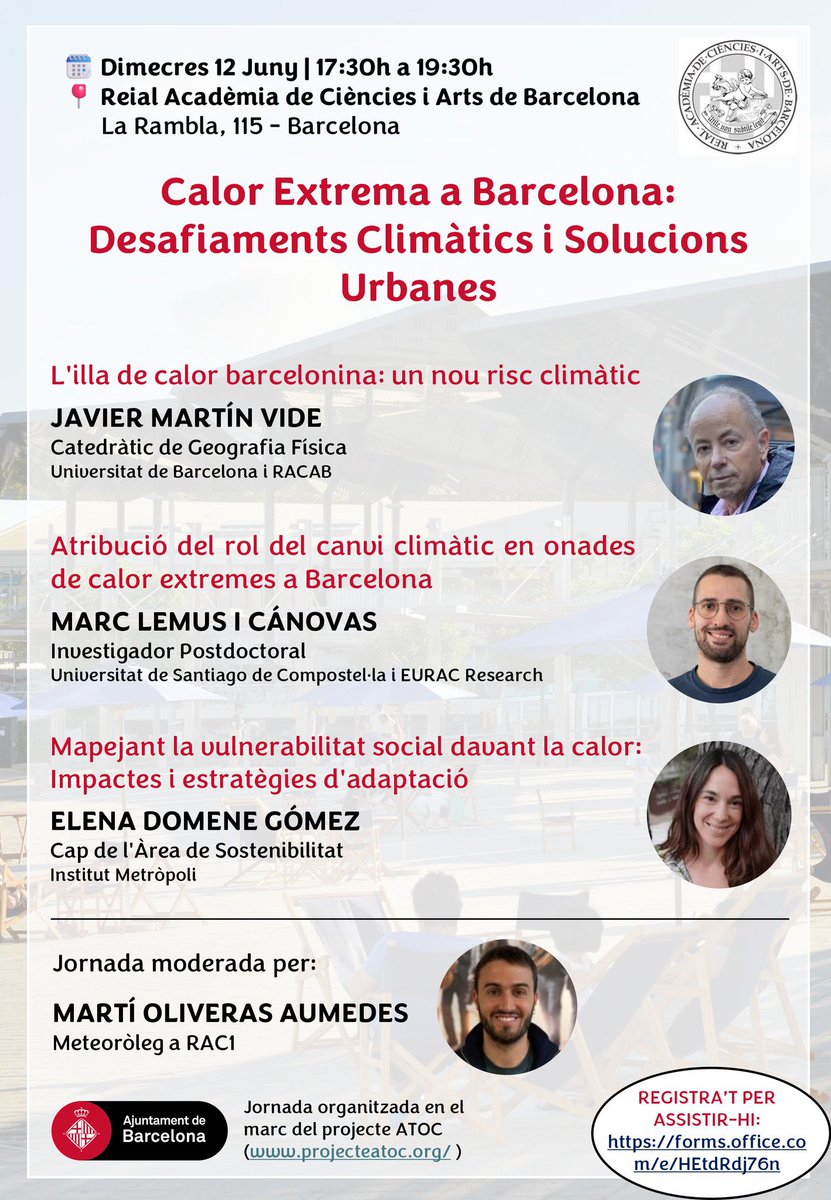 Martí Oliveras (@marti_oliveras) on Twitter photo 🌡️📈 Aquest dimecres, 12 de juny, celebrem la jornada “Calor Extrema a Barcelona: Desafiaments Climàtics i Solucions Urbanes”. A les 17:30h a la <a href="/RACABarcelona/">RACAB</a>. Registra’t per assistir-hi: forms.office.com/e/HEtdRdj76n. Us hi esperem! <a href="/lemuscanovas/">Marc Lemus i Cánovas</a> <a href="/martin_vide/">Javier Martín Vide</a> <a href="/domene_elena/">Elena Domene</a> 🌡️📈 Aquest dimecres, 12 de juny, celebrem la jornada “Calor Extrema a Barcelona: Desafiaments Climàtics i Solucions Urbanes”. A les 17:30h a la <a href="/RACABarcelona/">RACAB</a>. Registra’t per assistir-hi: forms.office.com/e/HEtdRdj76n. Us hi esperem! <a href="/lemuscanovas/">Marc Lemus i Cánovas</a> <a href="/martin_vide/">Javier Martín Vide</a> <a href="/domene_elena/">Elena Domene</a>