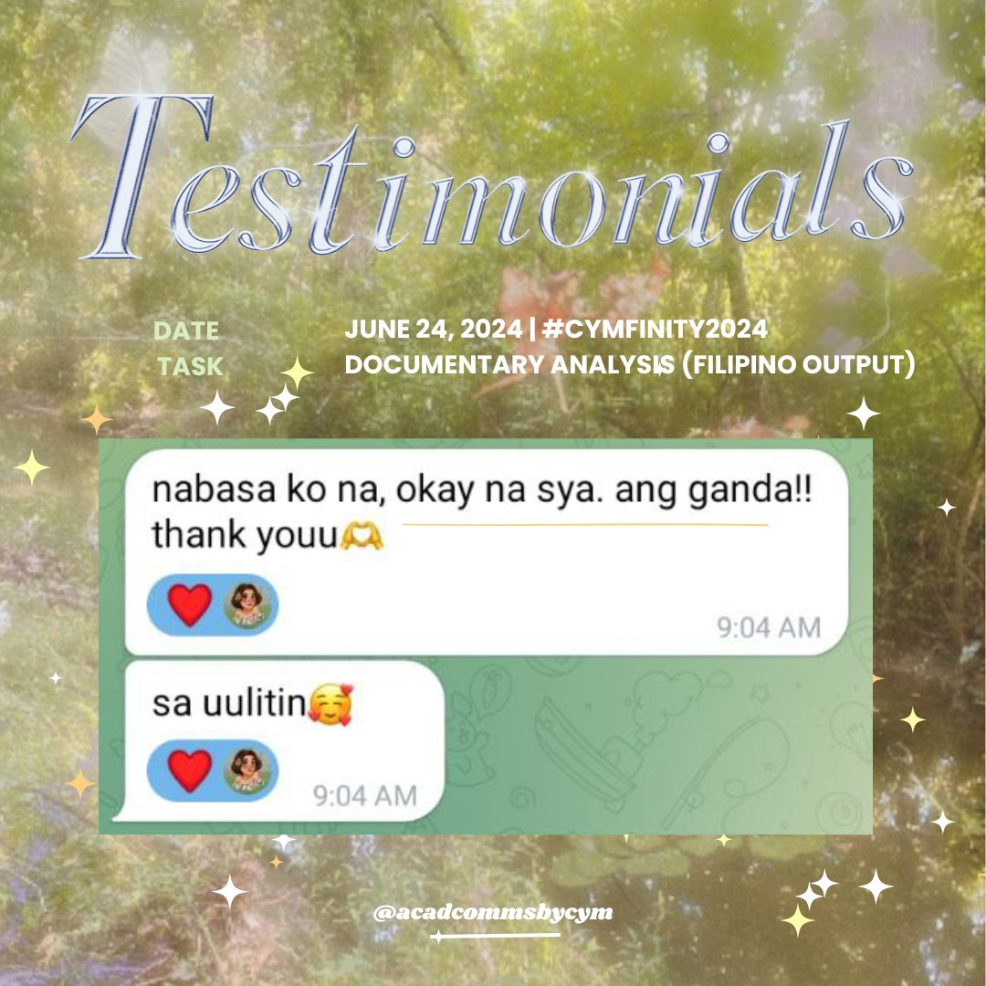 commsbycym's tweet photo. [ 🧾 ] : Documentary Analysis (Filipino Output)

Maraming salamat sa pagtitiwala! 🌷

#Cymfinity2024 #CymbelineService #academiccommission #commsopen https://t.co/kQgdoWSFIC