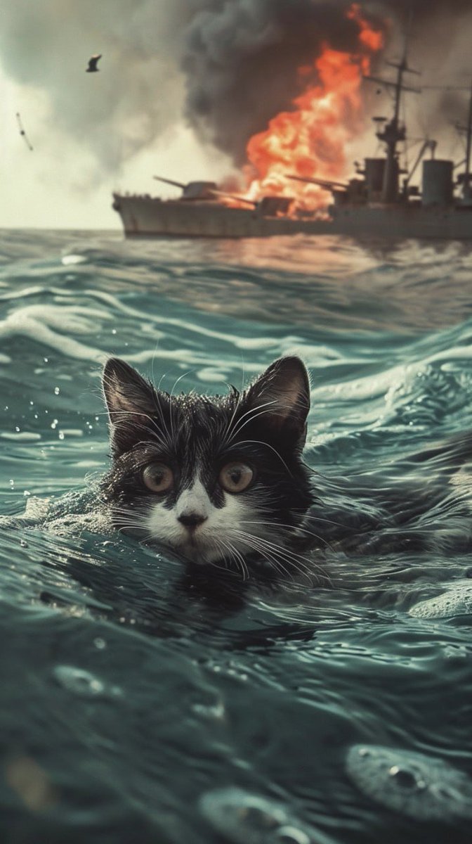 #ArtWork Colection #aigeneratedimages $XAR

"
A black and white cat swimming on the sea and a sinking warship on fire
"

Get more here:

Midjourney Art (t.me/midjourney_art…)