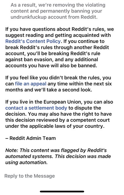 "by reddit's AUTOMATED SYSTEMS" . fuck yall AI bullshit https://t.co/JgHVamglLE