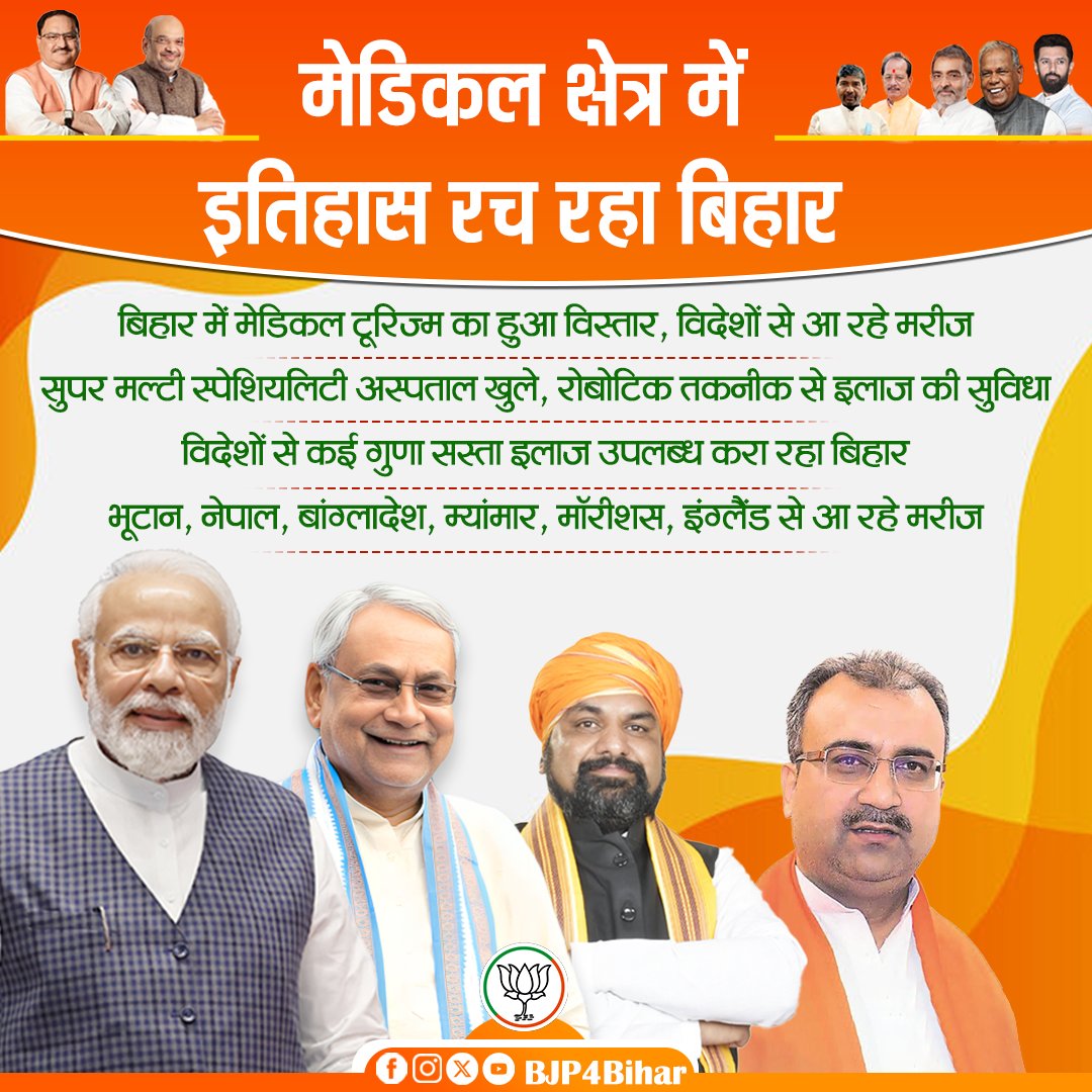 BJP4Bihar's tweet photo. मेडिकल क्षेत्र में इतिहास रच रहा बिहार!

खुले सुपर मल्टी स्पेशियलिटी अस्पताल, विदेशों से आ रहे मरीज।

#NDADevelopingBihar