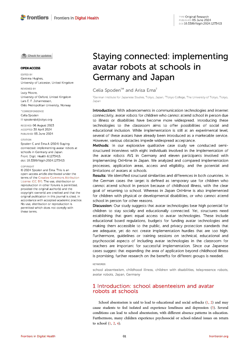 dij_tokyo's tweet photo. New #OpenAccess article by DIJ's @SpodenCelia &amp; Arisa Ema @CollegeTokyo studies possibilities of social &amp; educational inclusion through avatar robots at schools in Germany &amp; Japan and obstacles that impede widespread acceptance @FrontPubHealth @japansocsci https://t.co/YEn8JXw3sa https://t.co/XsT5AX7ZYf