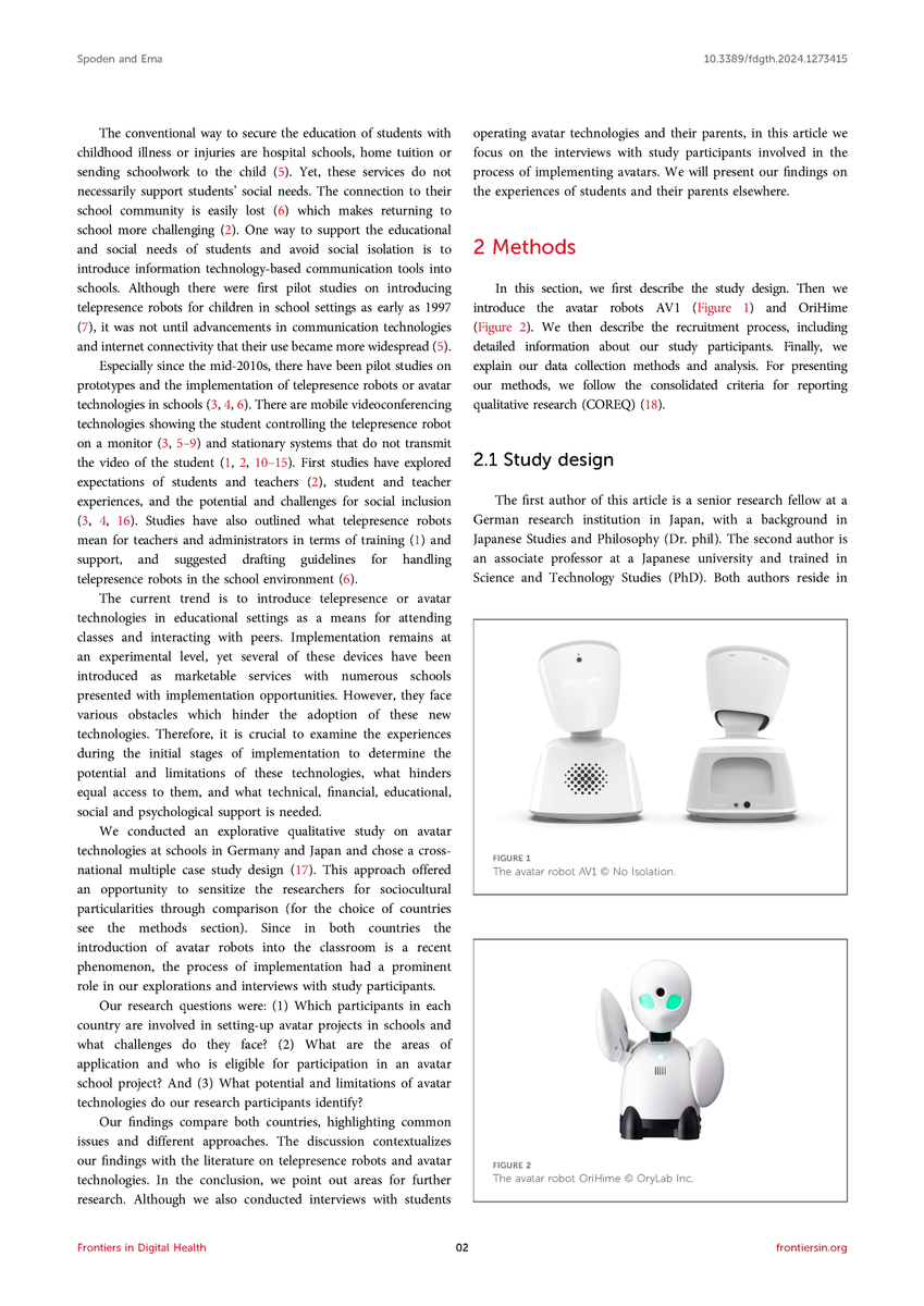 dij_tokyo's tweet photo. New #OpenAccess article by DIJ's @SpodenCelia &amp; Arisa Ema @CollegeTokyo studies possibilities of social &amp; educational inclusion through avatar robots at schools in Germany &amp; Japan and obstacles that impede widespread acceptance @FrontPubHealth @japansocsci https://t.co/YEn8JXw3sa https://t.co/XsT5AX7ZYf