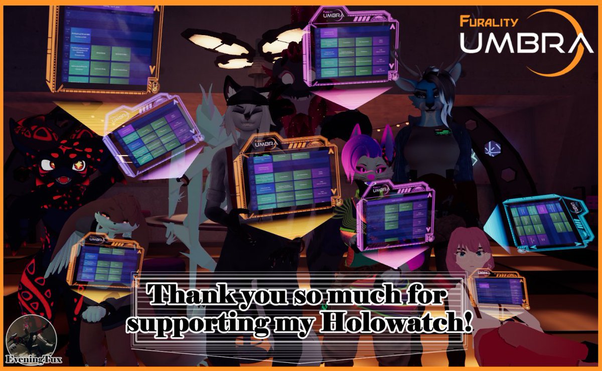 TheEveningTux's tweet photo. (1/2) To every single one of the 704 people who downloaded the Holowatch, my first ever asset. From the bottom of my heart, thank you.
Also, massive thank you to anyone who so graciously donated money, y'all caught me off guard in a good way :D
#FuralityUmbra #VRChat #Holowatch https://t.co/ssWptAWG27