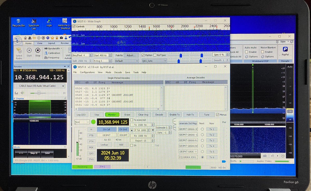Dull and wet outside with light drizzle. New 10GHz transverter propped up on a chair pointing up at the clouds. GB3PKT beacon in on RS. Best -15 so far. 
Fun on the #GHz_Bands