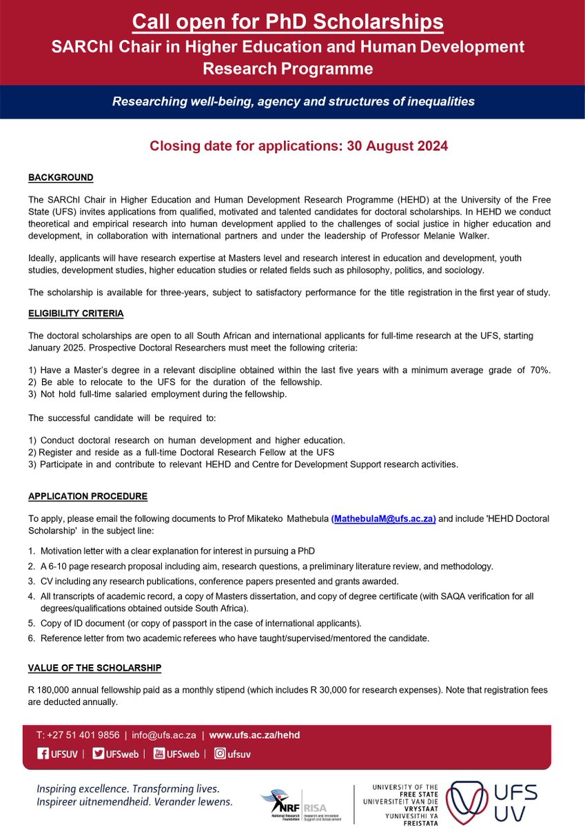 📢📢GOOD NEWS!!! There is an open call for  Doctoral fellowships commencing in 2025. Join our vibrant research group led by Prof Melanie Walker!  Application deadline 30 AUGUST 2024. Download the flier below👇👇