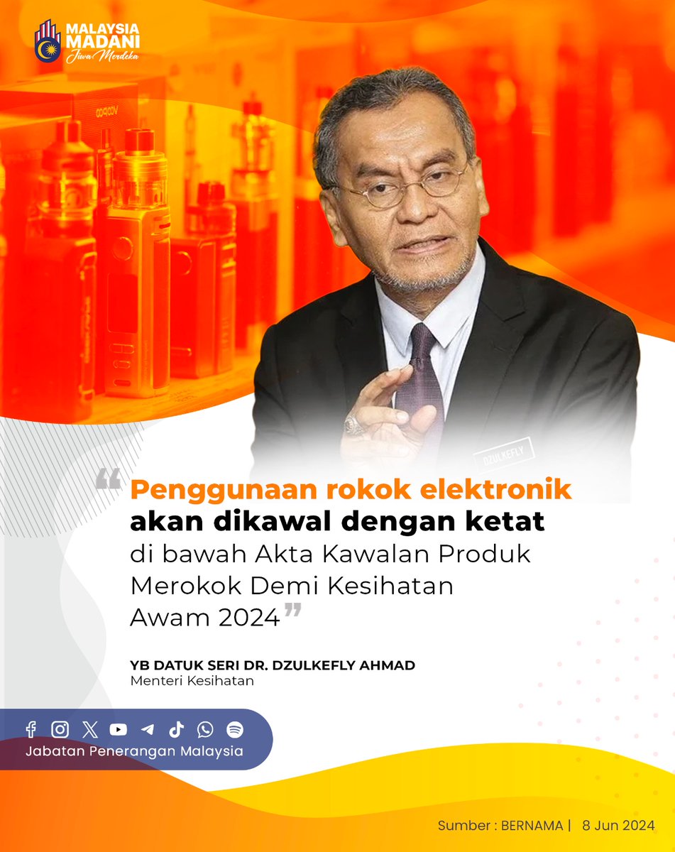 Menteri Kesihatan, YB Datuk Seri Dr. Dzulkefly Ahmad berkata, setakat ini, pengunaan rokok elektronik masih dikawal selia di bawah Akta Makanan 1983 dan Peraturan-peraturan Kawalan Hasil Tembakau 2004.

#MalaysiaMADANI
#JabatanPenerangan