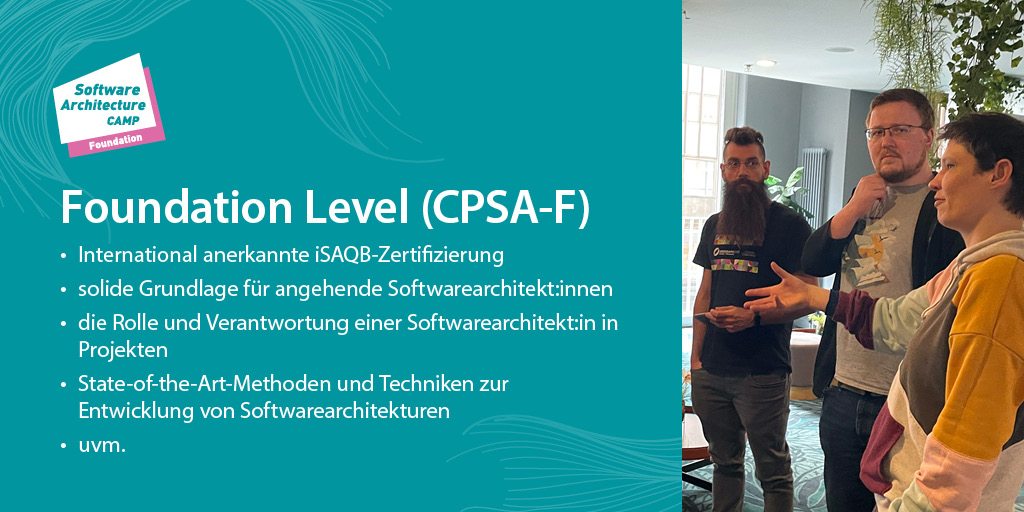 SoftwareArcCamp's tweet image. 🤓💡 Baut den Grundstein eurer Softwarearchitektur-Karriere mit dem Foundation Camp! Euch erwarten: Einzigartige Diskussionen, praxisnahe Übungen inklusive &amp;amp; das CPSA-F-Zertifikat.

🔗 Hier gehts zu den Terminen: software-architecture-camp.de/isaqb-foundati…