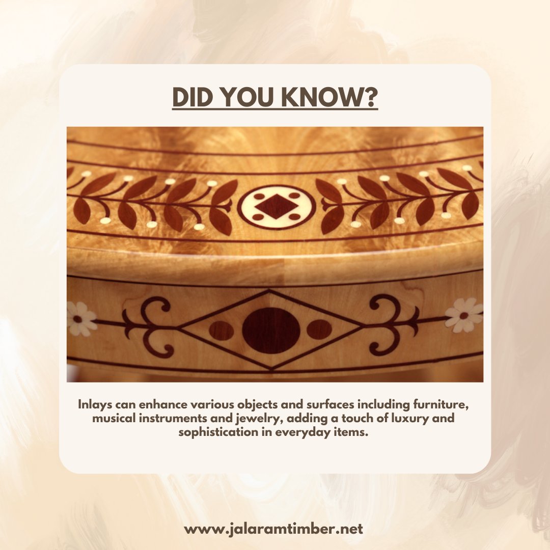 JalaramTimbers's tweet photo. Discover the art of inlays for a touch of elegance on objects and surfaces ✨
🧑🏻💻: https://t.co/6nj1UkTdwz
#jalaramtimber #didyouknow #didyouknowfacts #didyouknowthat #inlay #inlays #inlaywood #furniture #flooring #paneling #musicalinstruments #factsdaily #funfacts https://t.co/fmwWI9KuY2