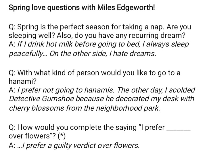 Meliz_Aya's tweet photo. A fictional interview with phoenix and Miles from a magazine! I really like the detail of phoenix giving longer answers and miles short ones💞 https://t.co/zCkdXg1pXJ