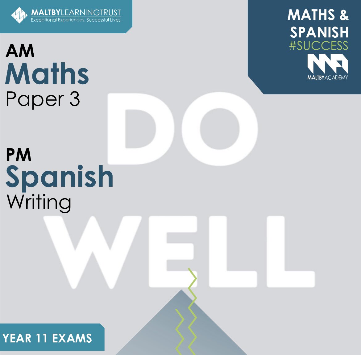 MaltbyAcademy's tweet image. Year 11 Exam Update ℹ️
Last week of GCSE exams this week. 
Today we have: 
AM - Maths
PM - Spanish Writing 
#GCSEexams #gradechasers #success