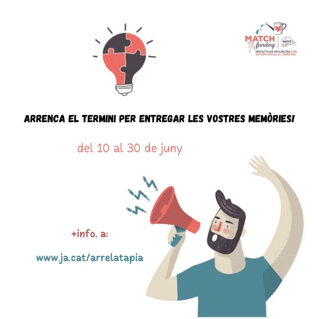 Ja pots presentar el teu projecte a la campanya de micromecenatge #MatchArrelat
Consulta les bases al web ja.cat/arrelatapia 
Tens temps fins el 30 de juny! 

#arrelat #emprenedoria #matchfunding #joventut #xnej #economia #territori #reactivacióeconòmica #AltPirineuiAran