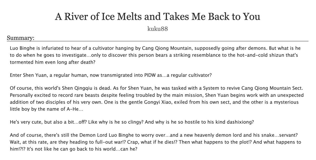 kukuandkookie's tweet image. A River of Ice Melts and Takes Me Back to You

🎋 @BingyuanWeek #svsss #bingyuan #bingyuanminibang2024
🥀 Art: @benthic_izles &amp;amp; Neo: rara-is-trying-art.tumblr.com
🎋 Shen Yuan transmigrates into PIDW as himself; gets 2 disciples: Gongyi Xiao and...totally not Bing-ge...?
🥀 link below!