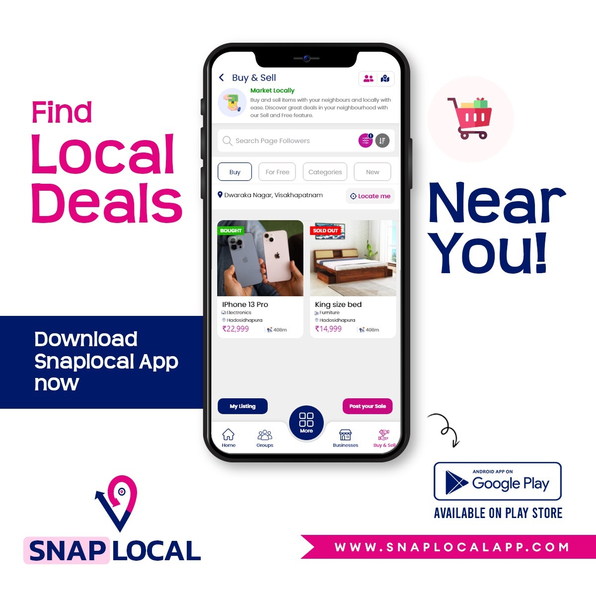 SnapLocalApp's tweet image. Find the best local deals near you with Snaplocal! Discover amazing offers on items like an iPhone 13 Pro and a king size bed.

Download the Snaplocal app from the Google Play Store now to start buying and selling in your neighborhood.

#localdeals #snaplocal #shoplocal