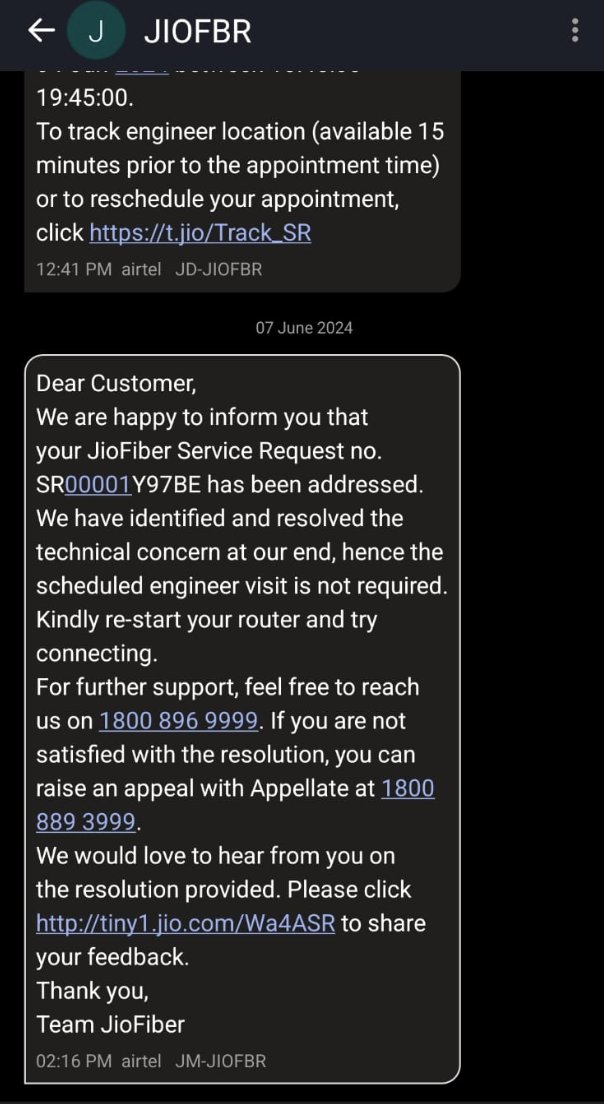 SourcingNinja's tweet photo. 10 days on, no one visits and you send me this message. @JioCare  @reliancejio #jiofiber #jiowifi #jiobroadband https://t.co/qyNmVgGhs1