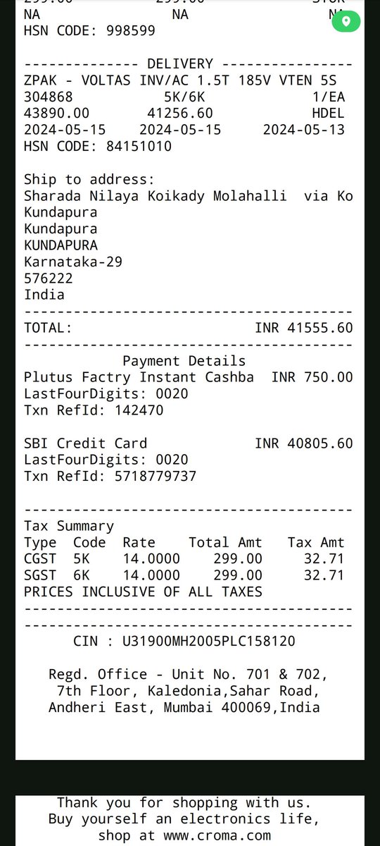 sohan2612's tweet photo. @cromaretail @TataCompanies @RNTata2000 we had ordered an AC from Croma Udupi on 1st May 2024 but the AC was not delivered for 18 days and hence we cancelled on 19th May 2024. The money has not yet been refunded and Karan the executive from Croma is avoiding our calls. https://t.co/OcgC86mUTj