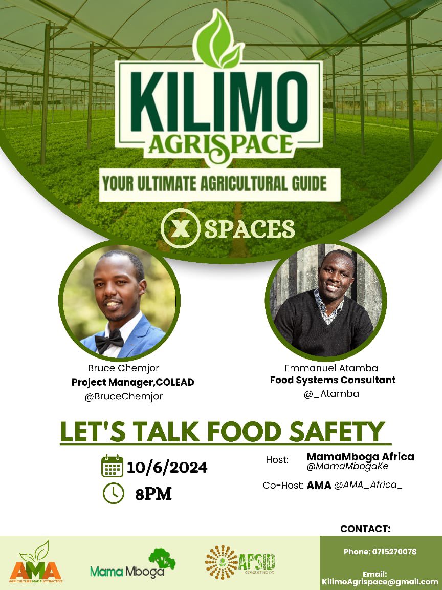 Mama Mboga Africa🥦 (@mamambogake) on Twitter photo Tonight on #KilimoAgrispace we bring on board food system experts to discuss the matters around #Foodsafety with <a href="/_Atamba/">Emmanuel Atamba</a> and <a href="/brucechemjor/">Bruce Chemjor 🇰🇪</a> . Set your reminders using the link x.com/i/spaces/1nAKE… <a href="/Chero_Sharon/">Sharon Cherobon</a> <a href="/Pierra_Nyaruai/">Nyaruai</a> <a href="/AMA_Africa_/">Agriculture Made Attractive</a> <a href="/SarahWNjoroge/">Salimo wa Kilimo</a> Tonight on #KilimoAgrispace we bring on board food system experts to discuss the matters around #Foodsafety with <a href="/_Atamba/">Emmanuel Atamba</a> and <a href="/brucechemjor/">Bruce Chemjor 🇰🇪</a> . Set your reminders using the link x.com/i/spaces/1nAKE… <a href="/Chero_Sharon/">Sharon Cherobon</a> <a href="/Pierra_Nyaruai/">Nyaruai</a> <a href="/AMA_Africa_/">Agriculture Made Attractive</a> <a href="/SarahWNjoroge/">Salimo wa Kilimo</a>