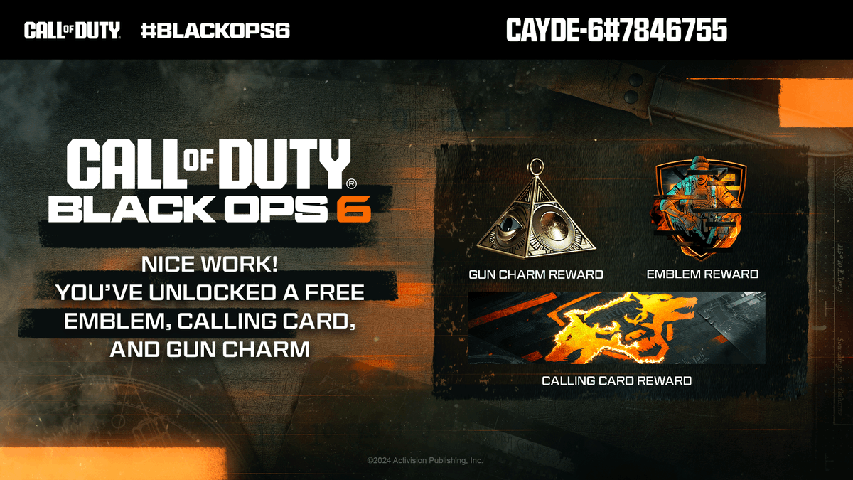 CallofDuty's tweet photo. @Yuki_san27 @Yuki_san27 LOCKED IN 

Your #BlackOps6 Calling Card, Gun Charm and Emblem will be waiting for you at launch! https://t.co/VfOACr01jZ