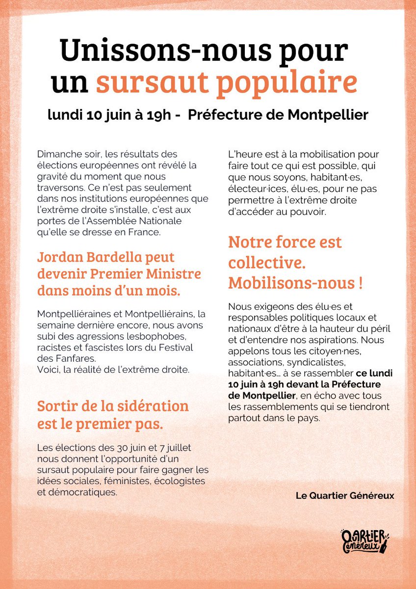 qgmontpellier's tweet photo. ✊ Unissons-nous pour un Sursaut Populaire.
Rassemblement ce lundi 10 juin, 19h devant la Préfecture de #Montpellier. https://t.co/HJoKoIAor2