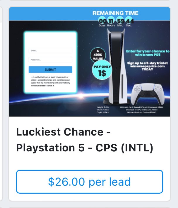 We’ve got a very cool strategy for this Sweepstake offer to earn $26 per lead 💰 

You can earn $2600 a day with 100 leads 😳🤑 

Do you want to see our strategy? 🤔

1. Retweet this post ♻️ 
2. Type “PS5” in the comments below👇
3. Follow @OfferToBrand where the thread will be