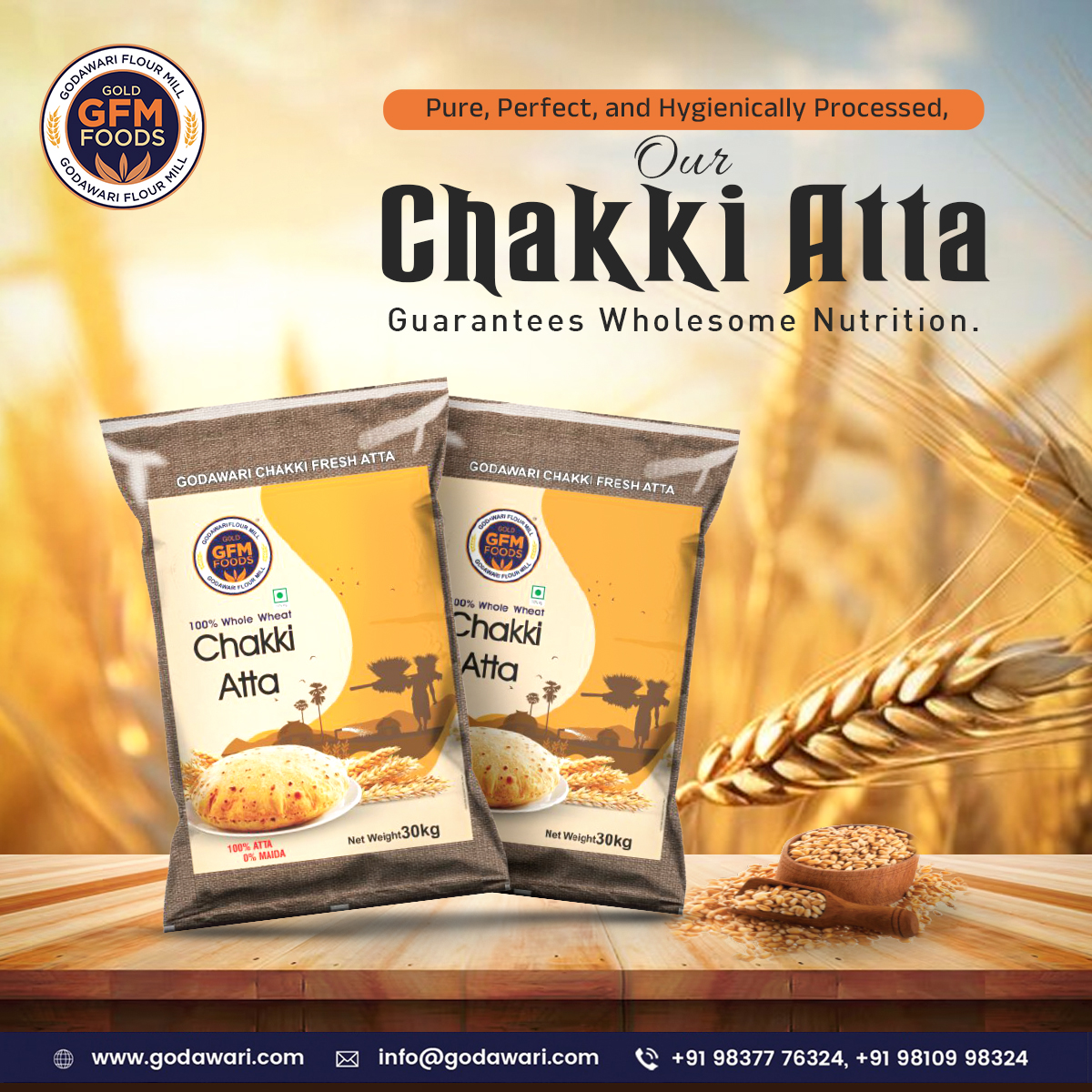 GodawariMill's tweet image. From the heart of nature to your table, GFM Chakki Atta brings the purity of golden wheat fields to every meal. 🌾

Nourish life with tradition.

Contact us Today:
📞 8267919501

#GodawariFlourMill #ChakkiAtta #Nutrition #HygienicallyProcessed #WheatFlour #FinestQuality