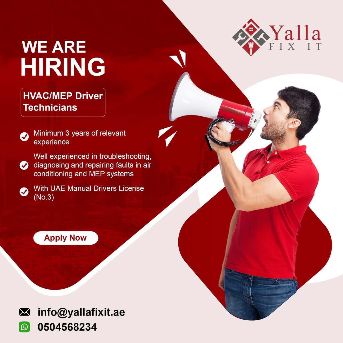 ThePerfectHelp's tweet photo. We're Hiring! HVAC/MEP Driver Technicians at Yalla Fix It 🚨

📧 Apply now by sending CV to info@yallafixit.ae or contact us at +971504568234

📢 Know someone who fits this role? Share this post and help us find the perfect candidate. https://t.co/2EBF20jiVE