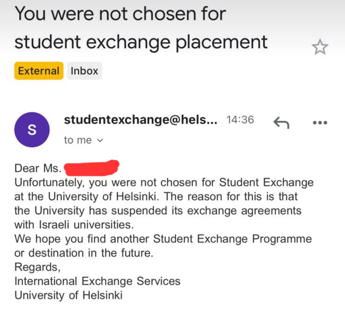 This is simply disgusting. In solidarity with Hamas, the University of Helsinki is now boycotting Israeli students. Jews not wanted in Finland.