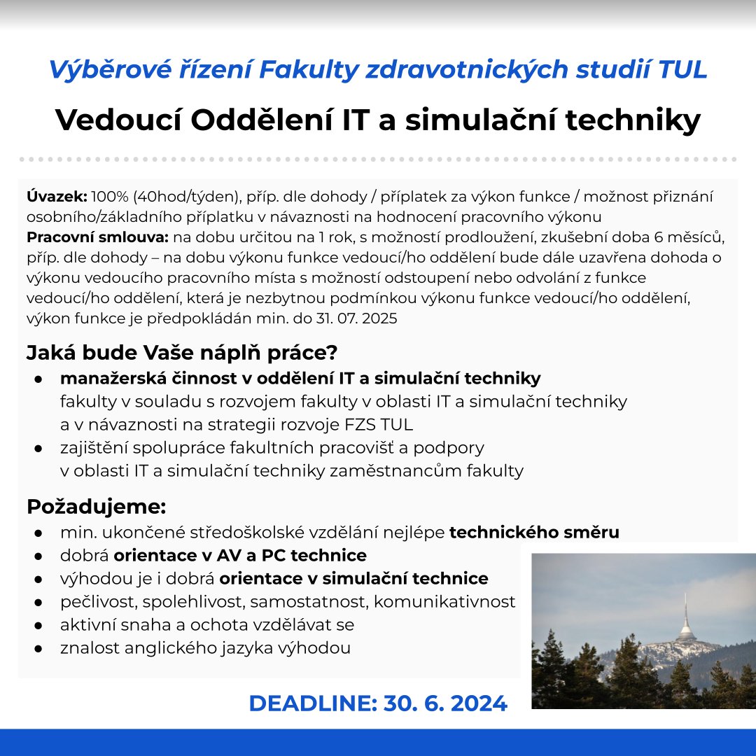 researchjobs_cz's tweet photo. Vedoucí Oddělení IT a simulační techniky pro Fakultu zdravotnických studií @TULiberec
Více na: https://t.co/eIBH9zQxw4
#zdravotnictví #simulace #IT #vzdělávání #jobs #Liberec https://t.co/Fswm4QNoer