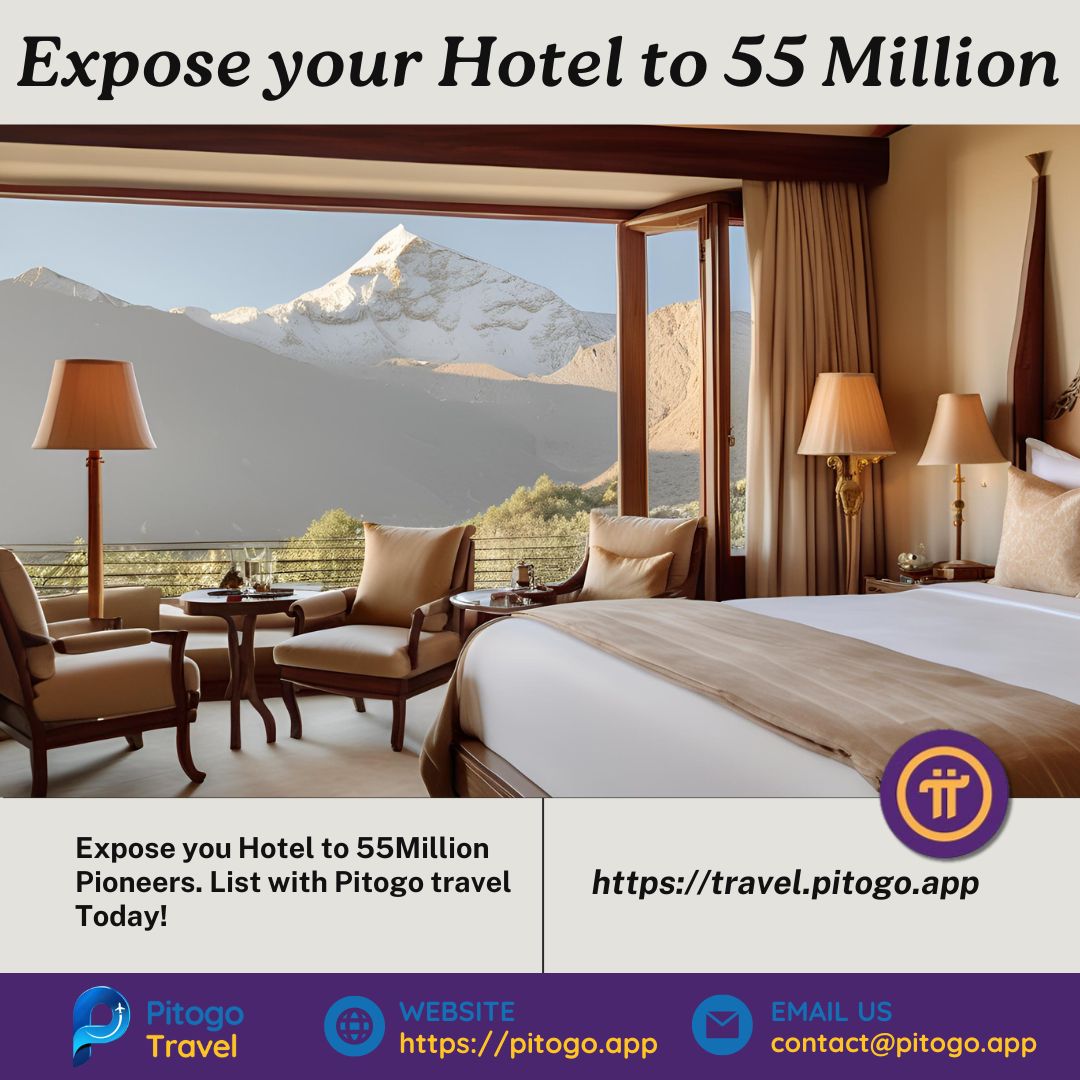 PitoGo_Services's tweet photo. Hotel Owners, list your hotel on Pitogo Travel and Reach 55M pioneers, accept Pi payments, and showcase your unique offerings. Build genuine connections and embrace the future of digital tourism. Sign up today at [https://t.co/wZmRSqDfnq]

#PitogoTravel #EarnPi #TravelFuture https://t.co/oIUTFHt4Ph