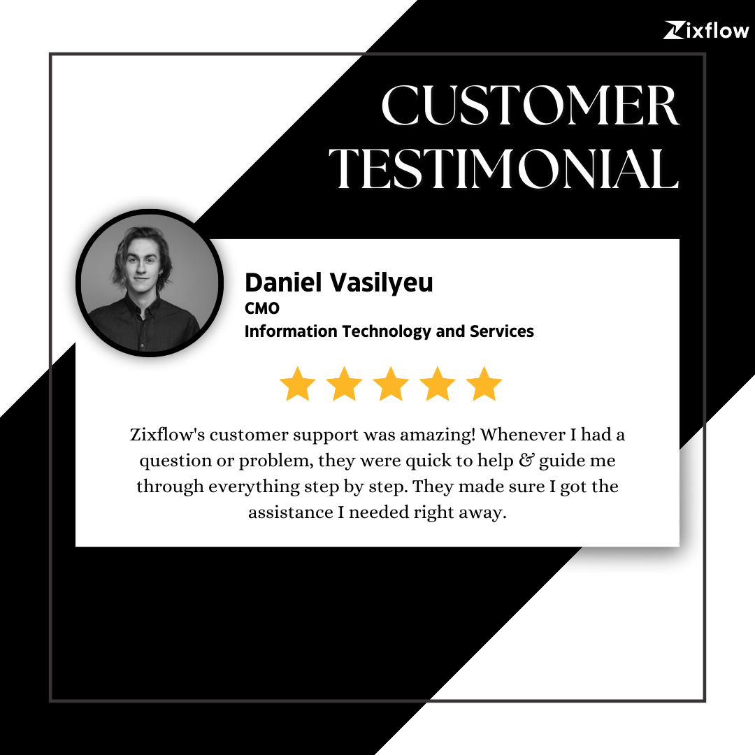 ZixflowApp's tweet photo. At Zixflow, we prioritize customer support to ensure your experience with our platform is always smooth sailing.๐ Check out this testimonial from one of our satisfied clients, sharing their positive experience!๐๐ป #CustomerReview #Zixflow #Saas #CRM https://t.co/B9idFdsGIx