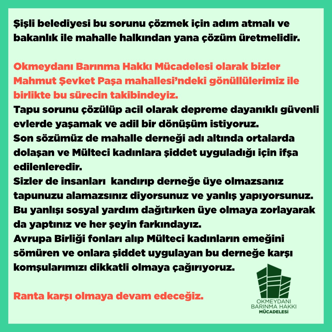 Okmeydanı Mahmut Şevket Paşa mahallesi’ndeki komşularımızın tapu sorunu yıllardır çözülmüyor.  <a href="/sislibelediyesi/">Şişli Belediyesi</a> ni sorumlu davranmaya çağırıyoruz.
