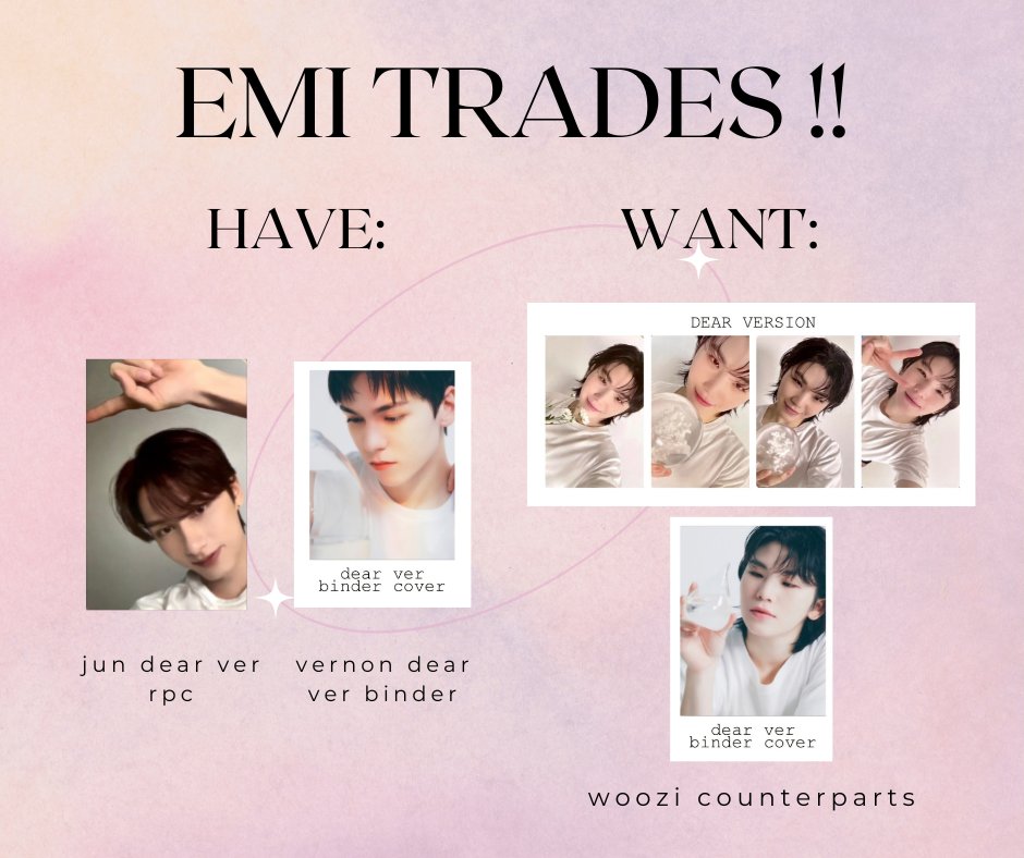 hyemihope's tweet photo. • wtt lft ph ❀˖° #emiexchange 

⟡ have: jun pc &amp; vernon dear ver binder
⟡ want : woozi counterparts
— onhand, fresh pulls
— mint, sealed nrpcs &amp; binder
— rcbyt!
— dm/reply if you have!

t. seventeen svt 17 is right here version jn vn wz photocard poca trade junhui jihoon https://t.co/Tg5vGupXhR